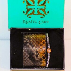 New Signed Rustic Cuff Bracelet Set Snakeskin Brass Band & Crystal Bead Stretch